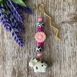Bookmark Cow Flower Pink Handcrafted Artisan Beaded Metal Journal Gift Read Book